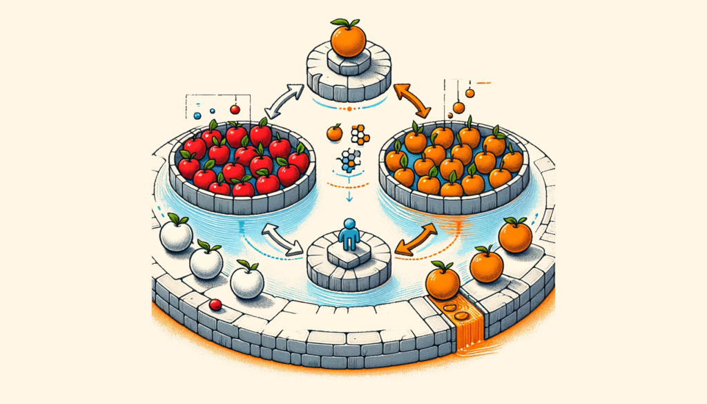 Simplified visual explanation of XRP AMM using exchange of apples and oranges